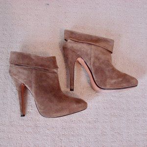 Vintage Suede Leather Booties Ankle High Heel Foldover Disco Boots Tan Suede 9